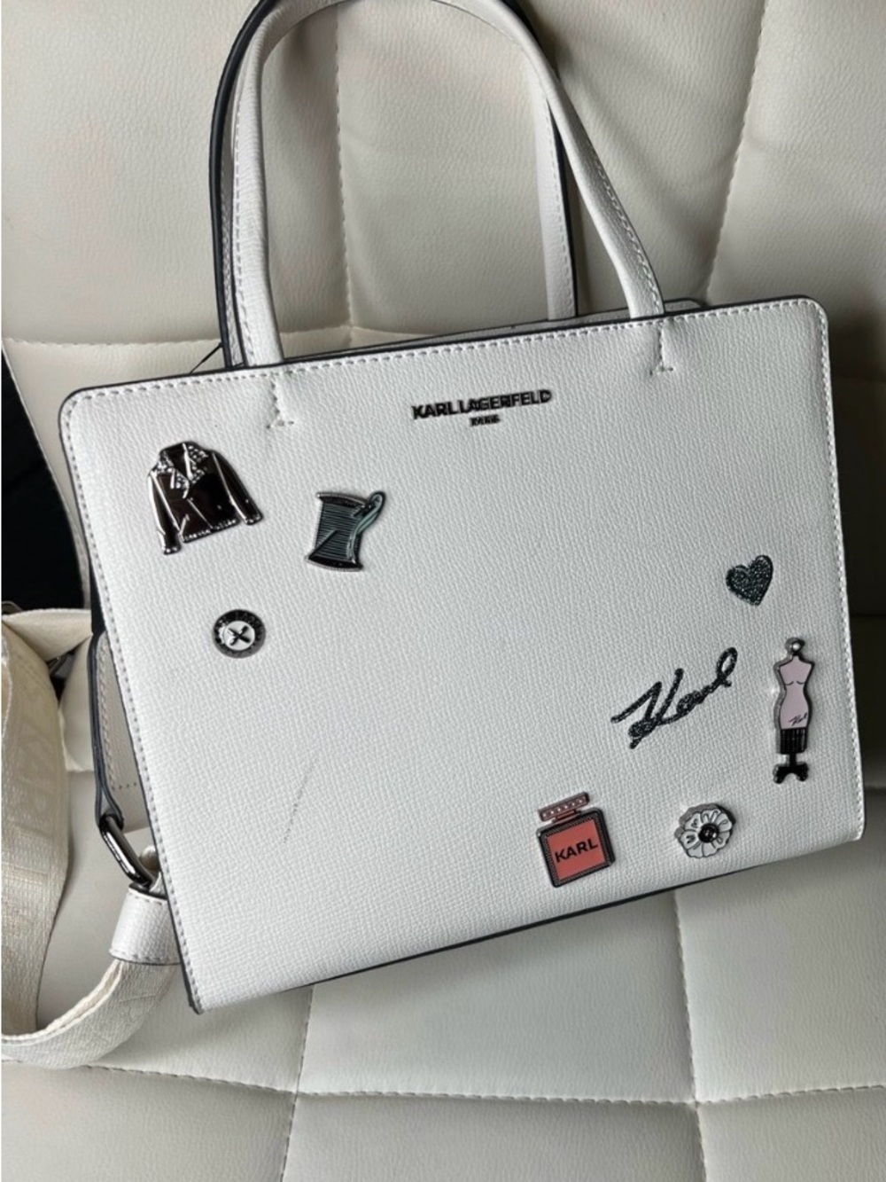 Karl Lagerfeld White Satchel with Decorative Pins